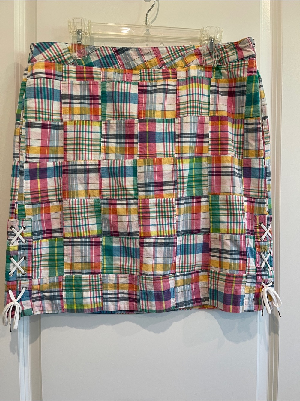 Talbots Multicolor Patchwork Cotton Mini Skirt with Side Lace-Up